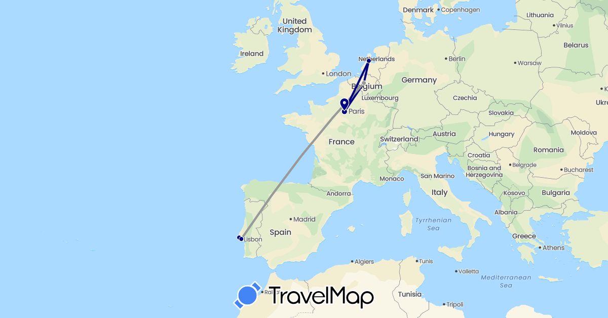 TravelMap itinerary: driving, plane in Belgium, France, Netherlands, Portugal (Europe)